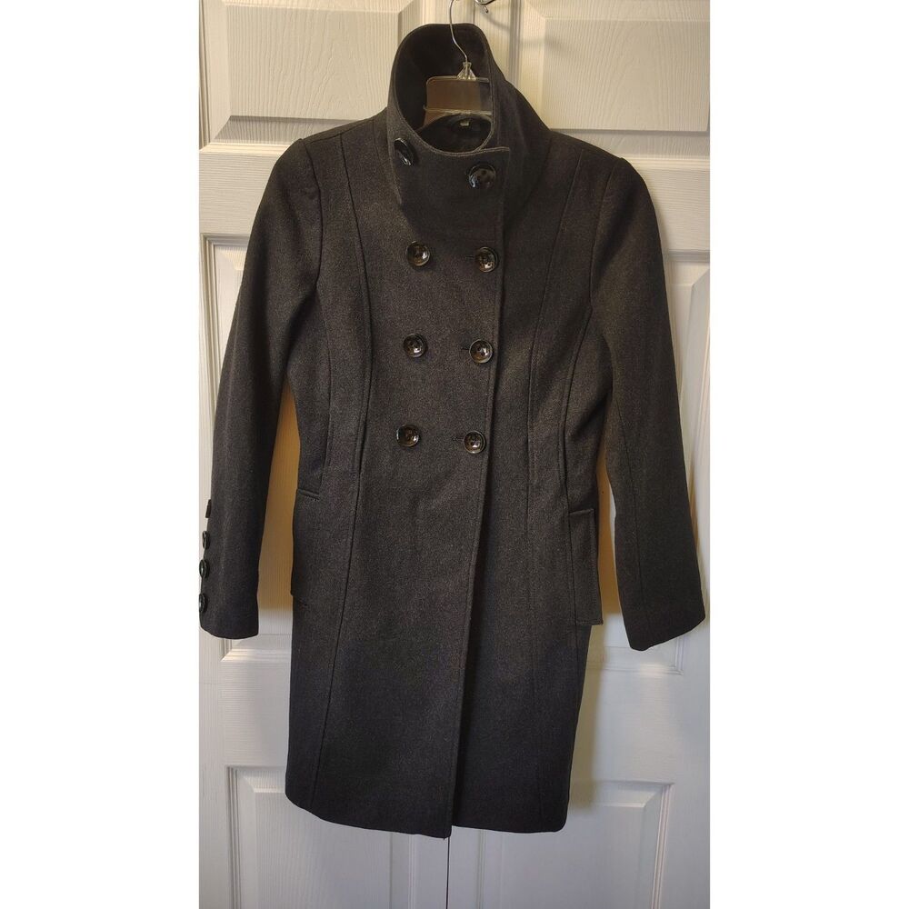 Guess Charcoal Grey Double Breasted Wool Blend Peacoat Jacket Medium